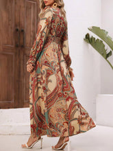 Smocked Printed V-Neck Flounce Sleeve Dress OutfitFlow